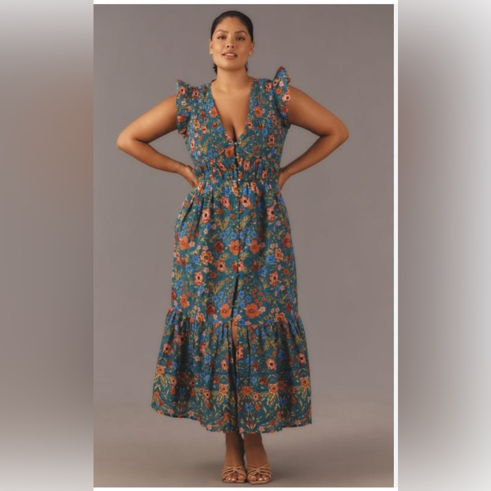 Anthropologie Floral Maxi Dress - Blue and Orange